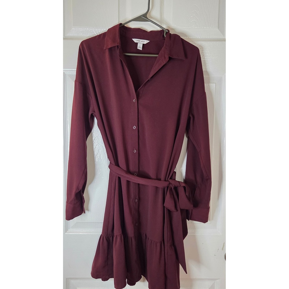 Nine West Womens Burgundy Ruffle Hem Long Sleeve Belted Shirt Dress Size S